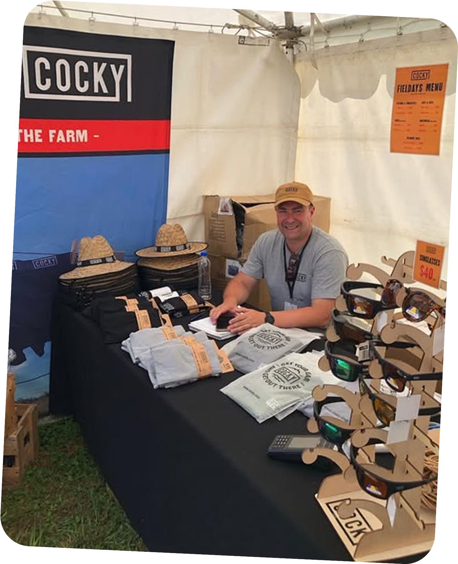 sitting at Cocky fieldays stall