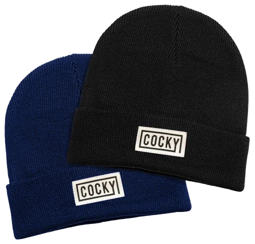 Cocky beanies, blue and black on white background