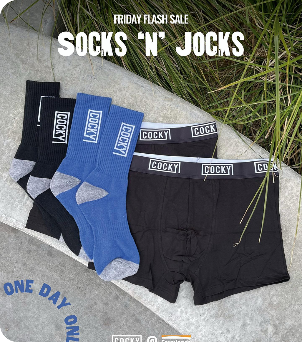cocky socks and undies laid out