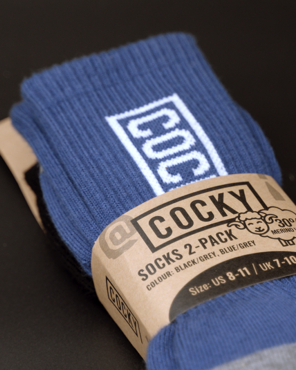 blue cocky socks in packaging