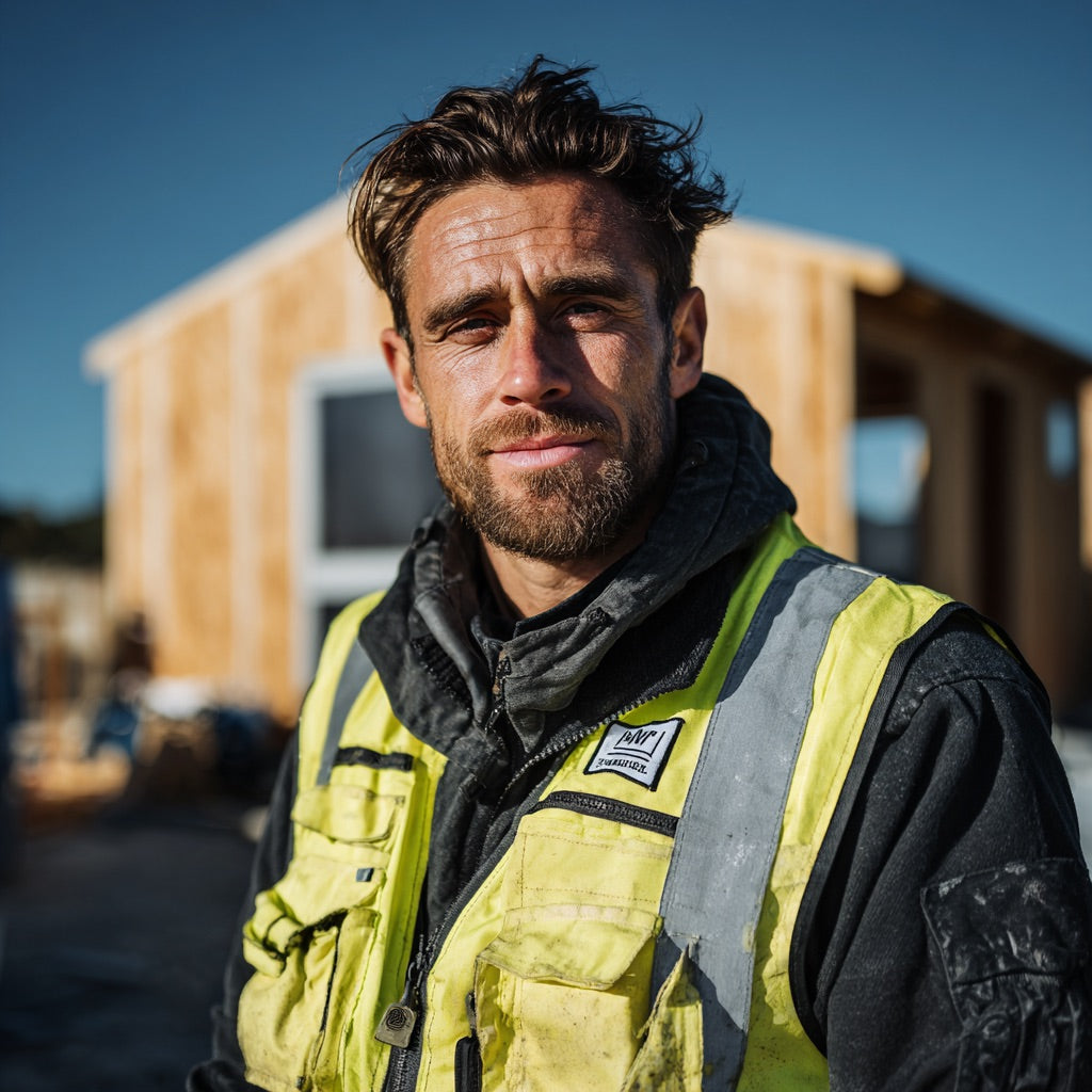 young tradie, in high vis looking at camera