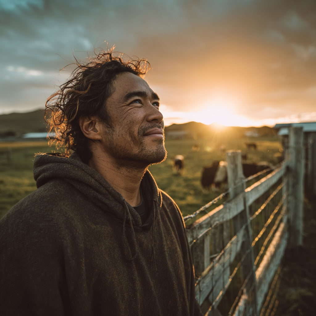 farmer leaning against fence, wearing hoodie, looking into the distance