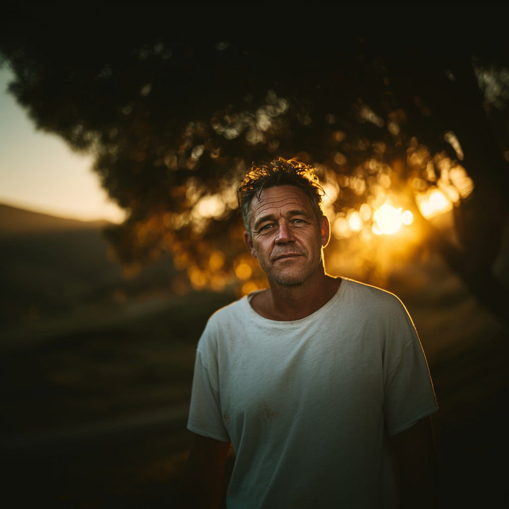relaxed middle aged man looking at camera on sunset