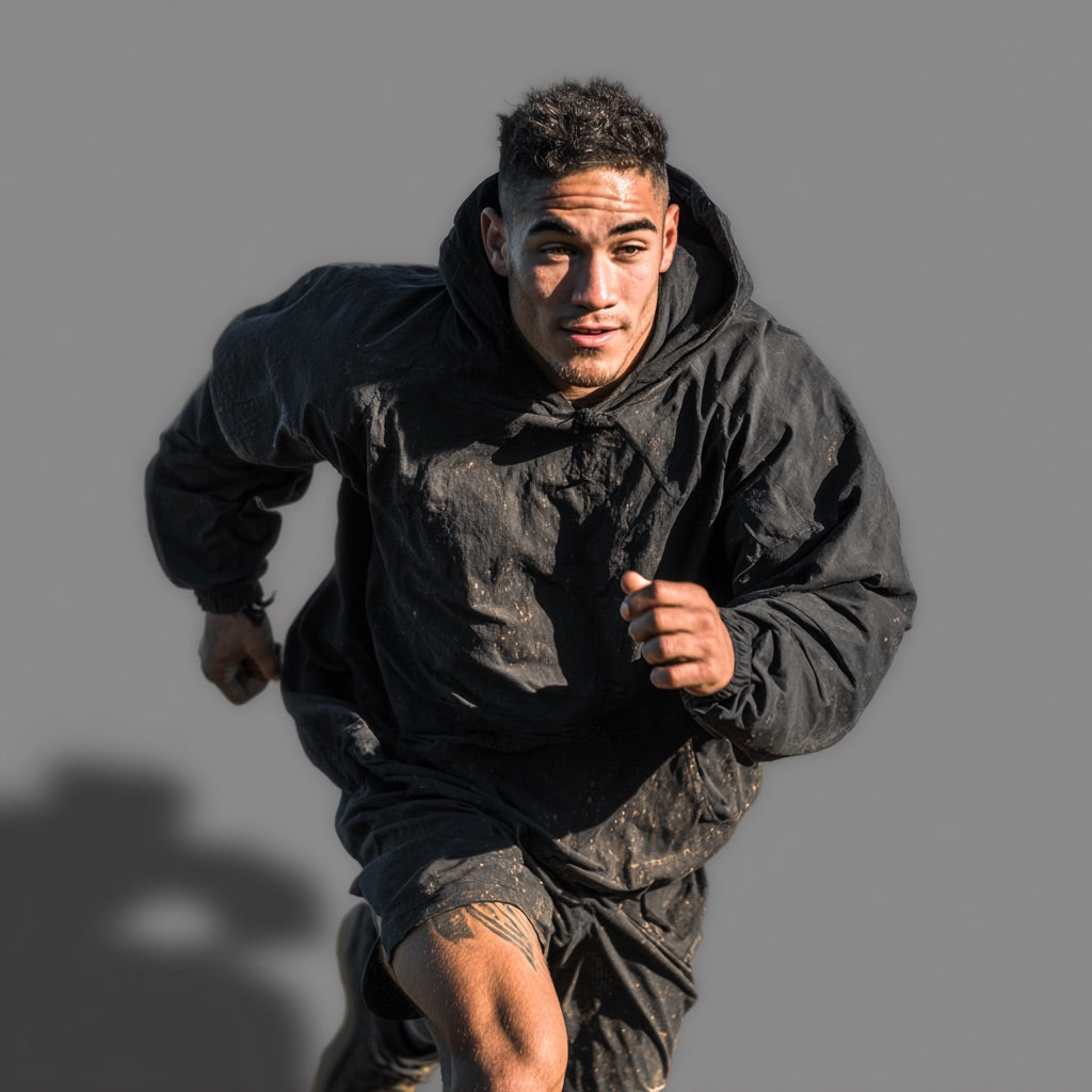 man running with jacket on